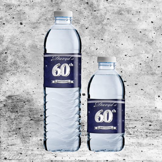 16.9 oz and 12oz water bottles with personalized labels for a 60th birthday on a gray grunge background