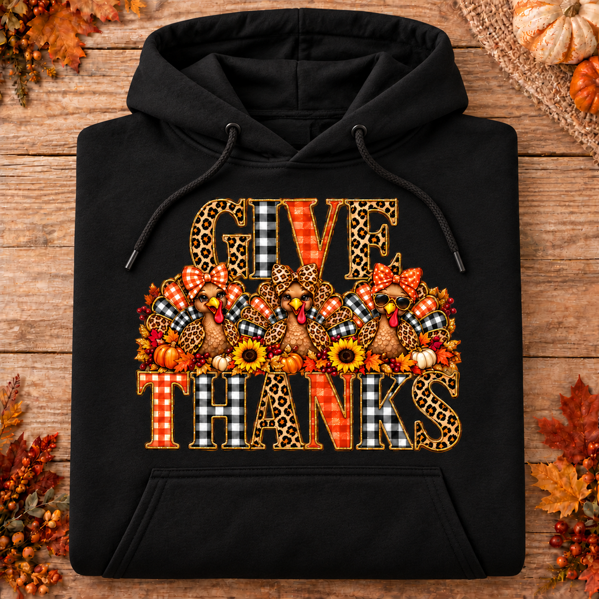 Give Thanks Turkey Trio hoodie in black