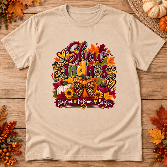 Show Kindness fall t-shirt in sand with pumpkin print