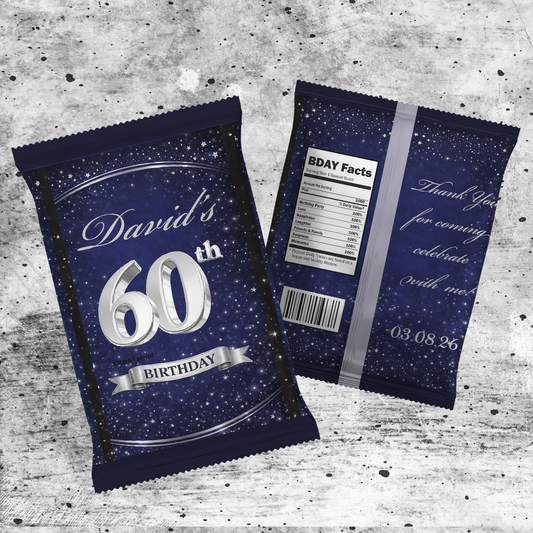 Navy blue snack bag with 'David's 60th Birthday' text on a gray grunge background