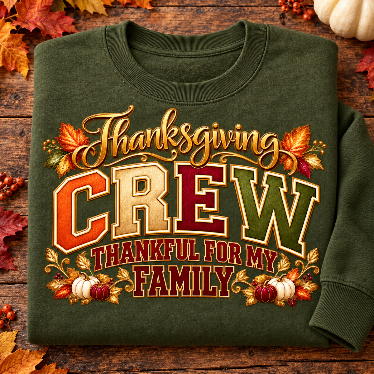 Thankful for My Family Thanksgiving Crew crewneck in military green