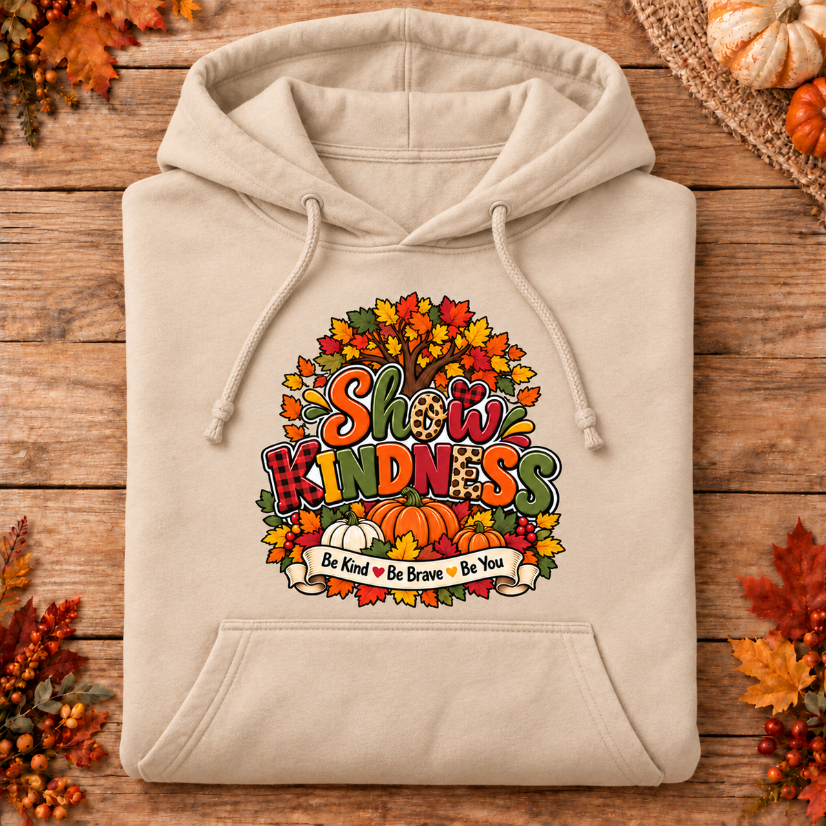 Show Kindness fall hoodie in sand