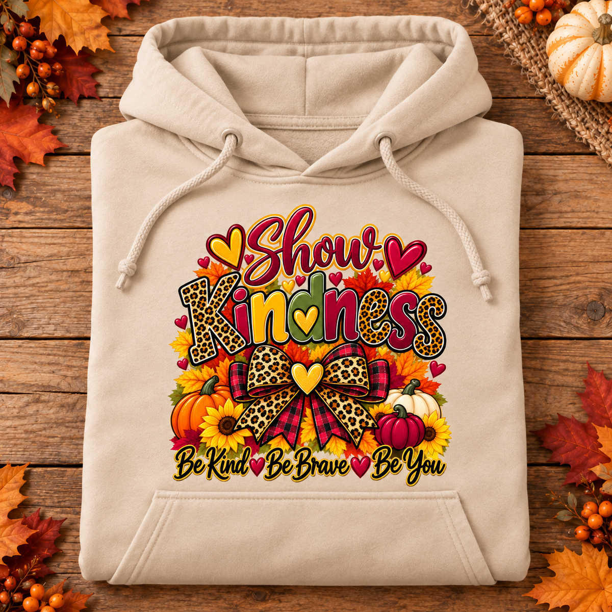 Show Kindness fall hoodie in sand