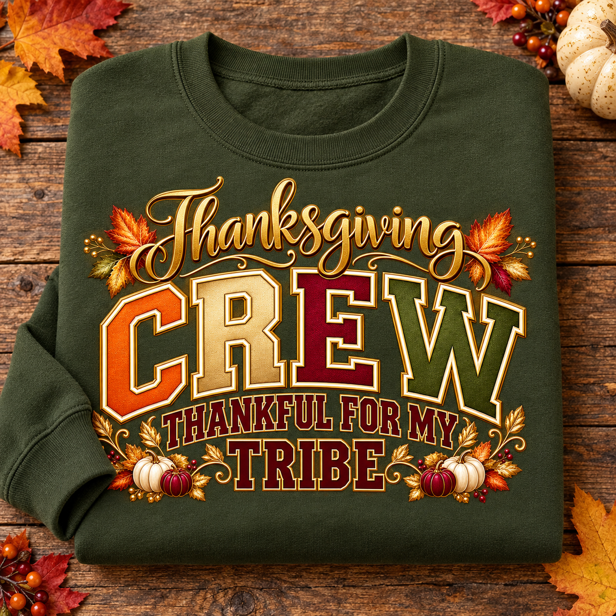 Thankful for My Tribe Thanksgiving Crew crewneck in military green