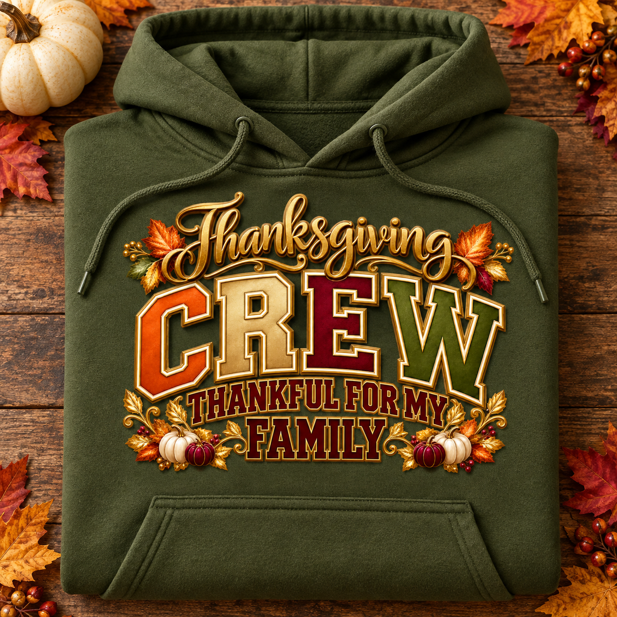 Thankful for My Family Thanksgiving Crew hoodie in military green