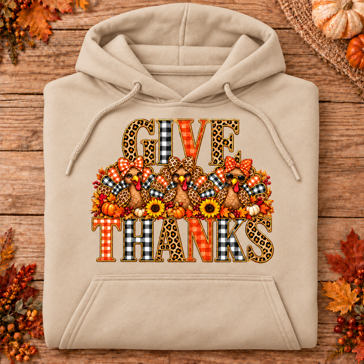 Give Thanks Turkey Trio hoodie in sand