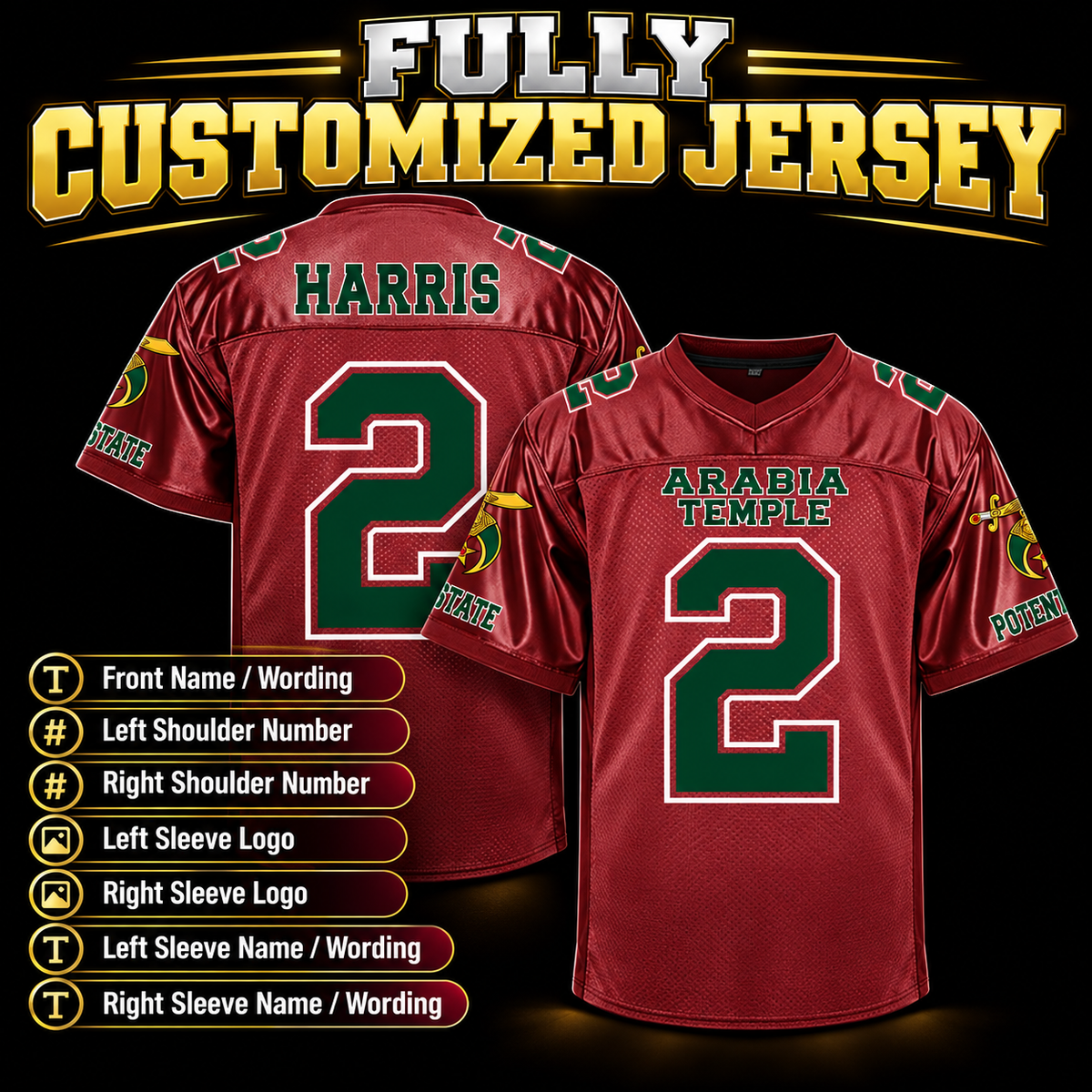 Fully customized football jersey showing all placement options