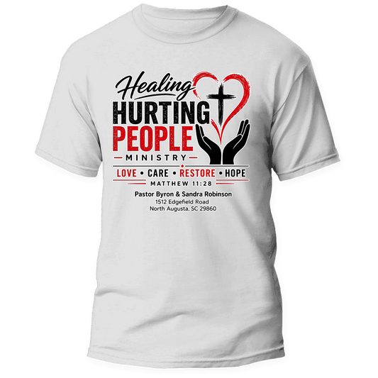 White t-shirt with 'Healing Hurting People Ministry' design on a white background