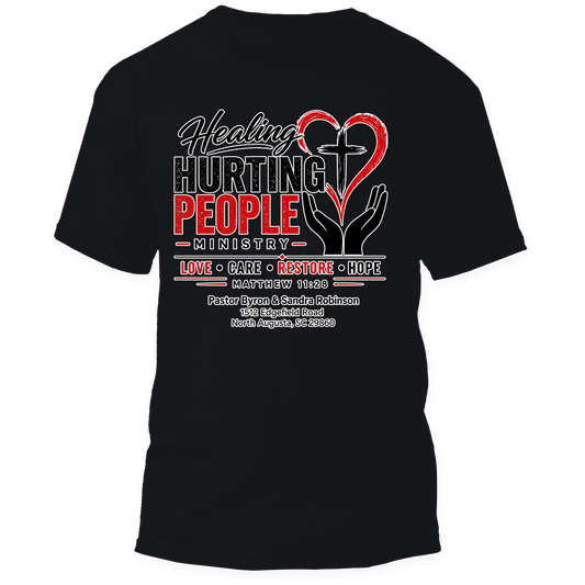 Black t-shirt with Red and Black text and graphics on a white background