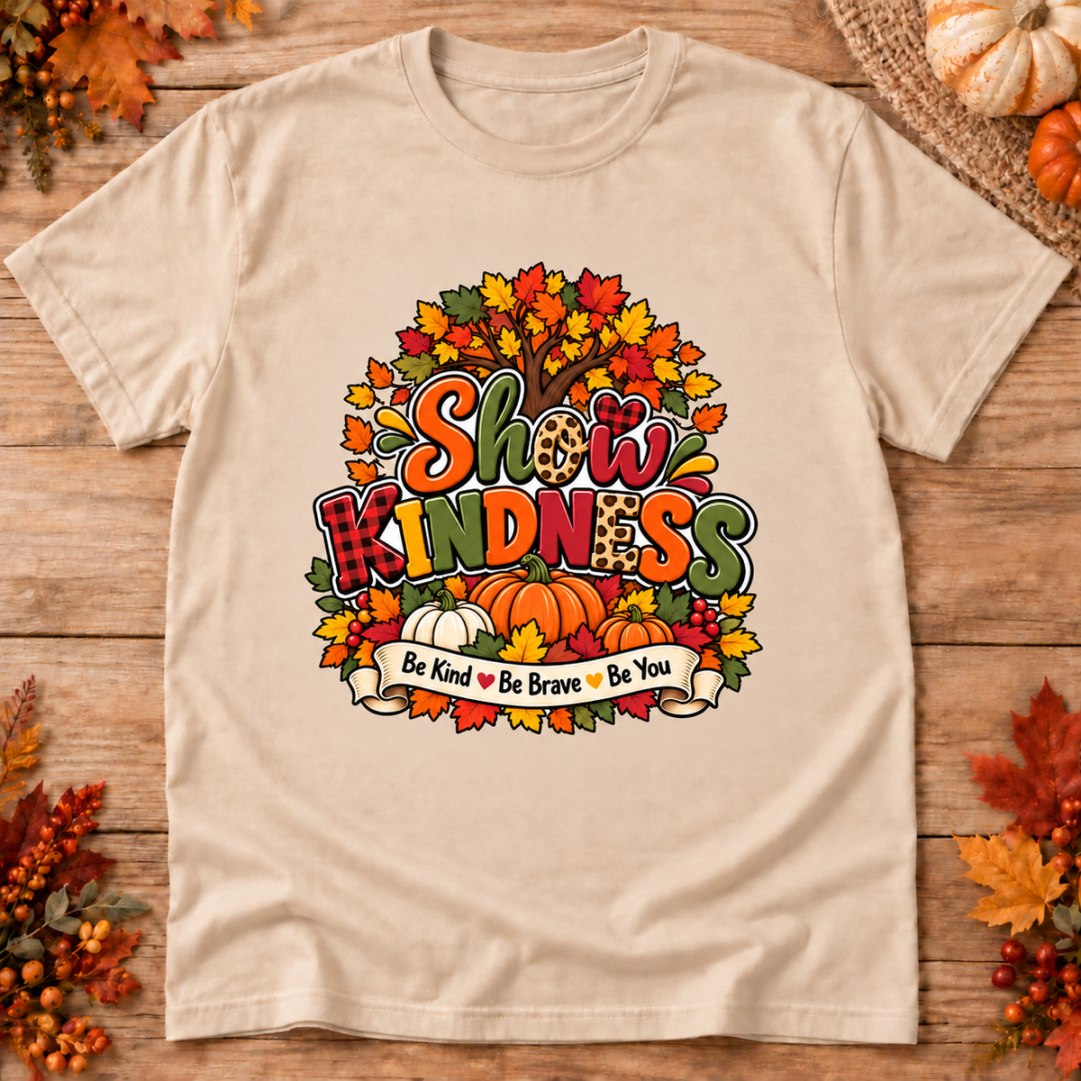 Show Kindness fall t-shirt in sand