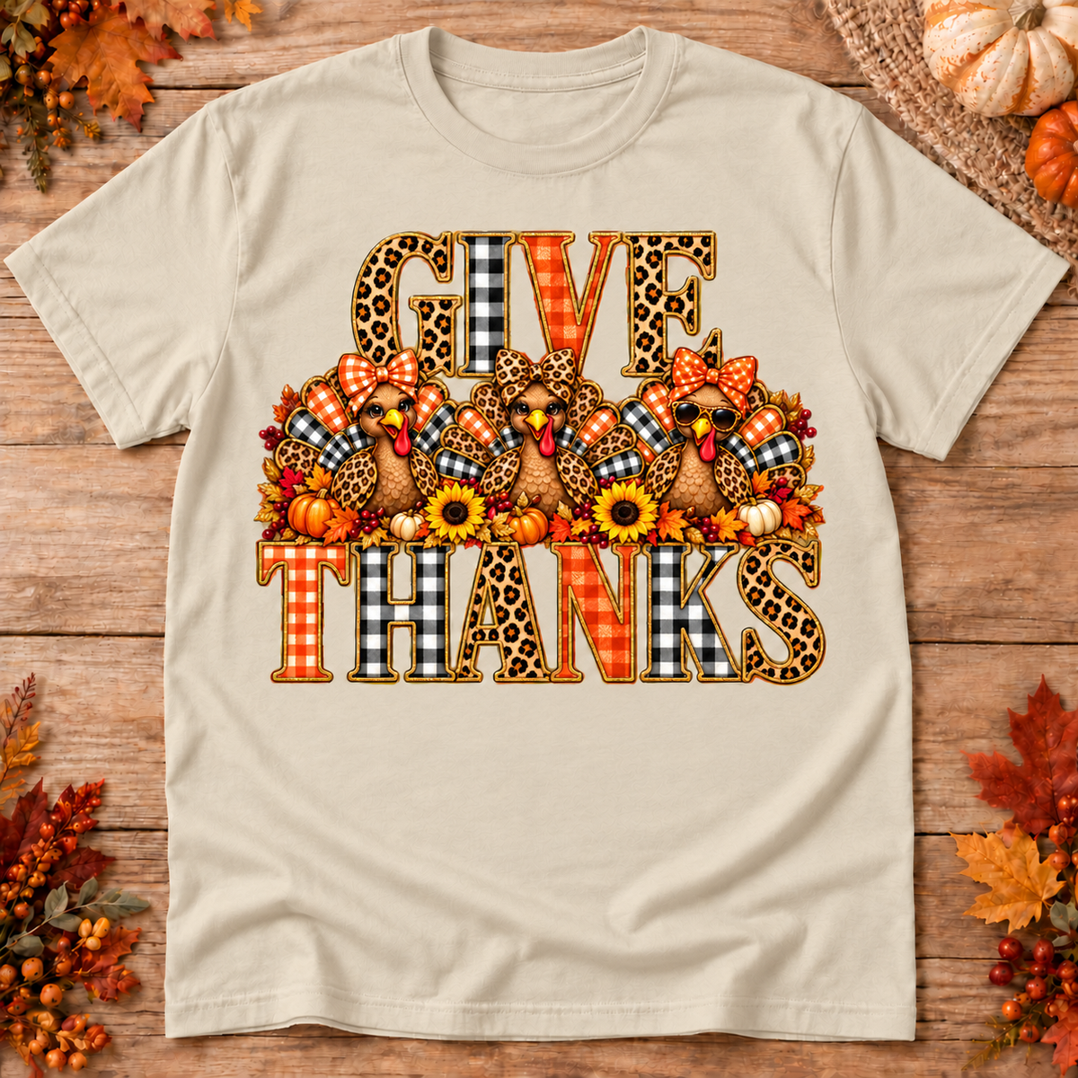Give Thanks Turkey Trio t-shirt in sand