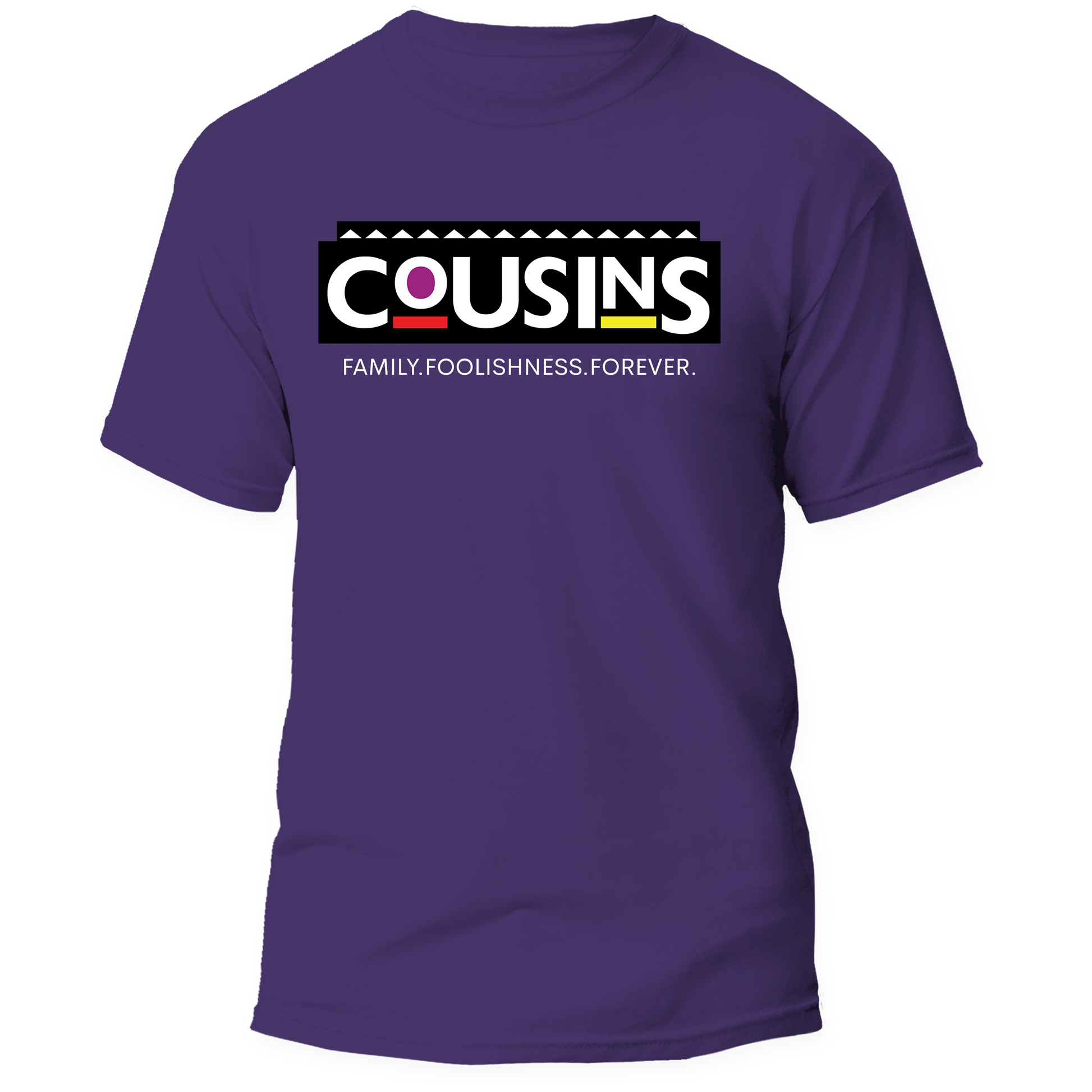 A purple short-sleeve t-shirt with a graphic on the chest that reads 'COUSINS' in white letters inside a black block, with the tagline 'FAMILY. FOOLISHNESS.